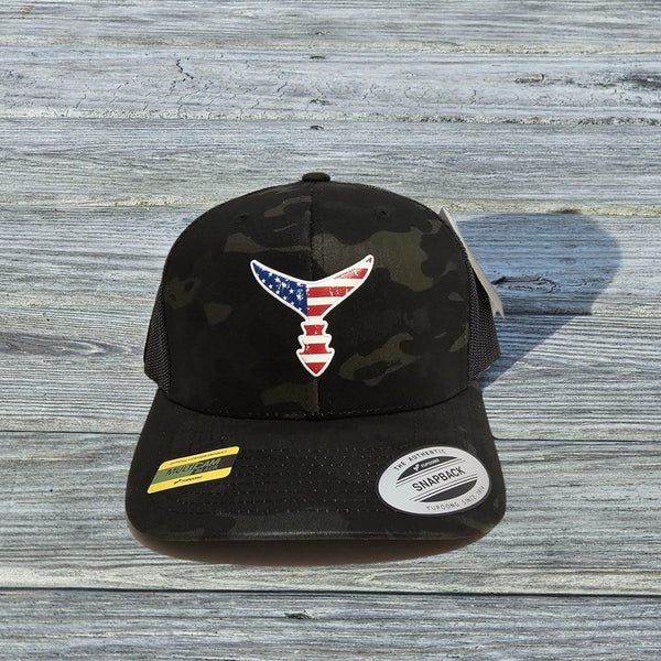 Liquid Embroidered Snap Back Hat- Black Multi Cam/Black