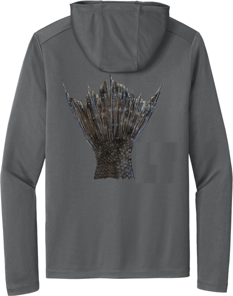 Performance Light Weight Hoodie Fish Print Gray w/ Black Sea Bass Tail