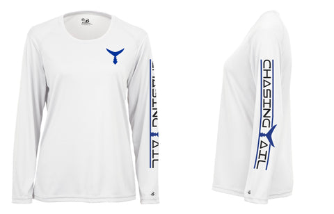 Performance Long Sleeve White w/ Blue Tail White - Womens