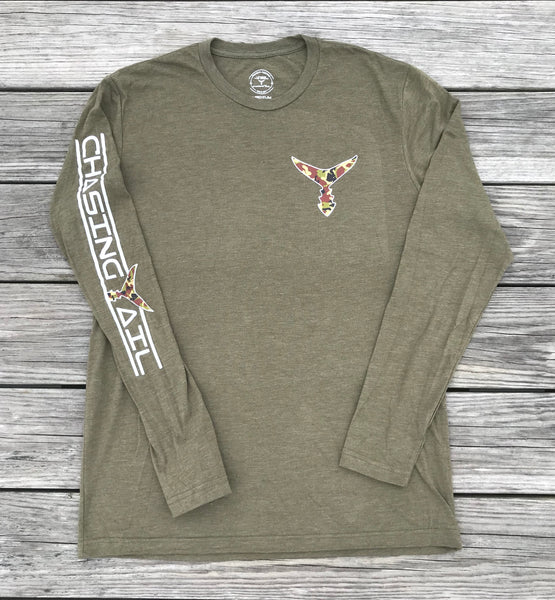 Tri-Blend Long Sleeve Military Green w/  Camo Tail