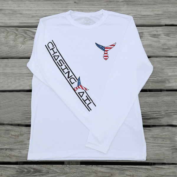 Performance Long Sleeve White w/ American Flag Tail