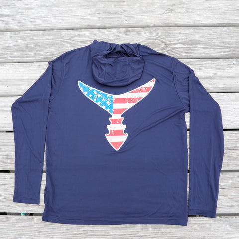 Performance Light Weight Hoodie Navy Blue w/ American Flag Tail - Unisex