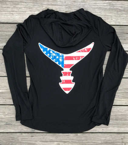 Performance Light Weight Hoodie Black w/ American Flag Tail - Womens