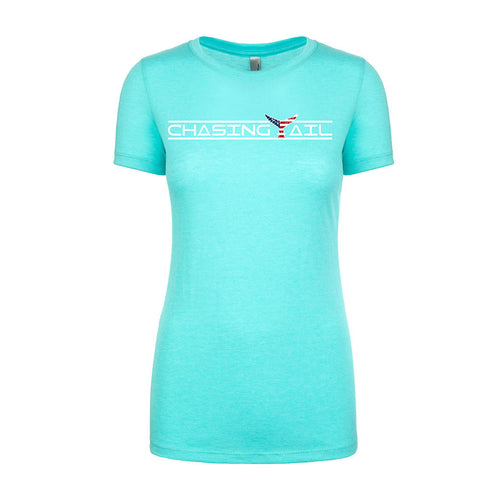 Tri-Blend Short Sleeve Teal Blue w/ American Flag Tail - Womens