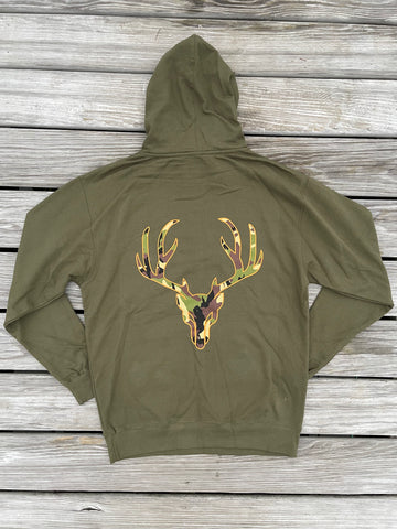 Bi-blend Hoodie - Olive Green w/ Camo Deer
